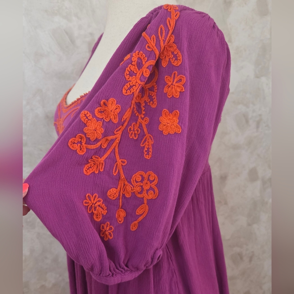 Free People Mauve Embroidered Boho Mini Dress Puff Sleeve Empire Waist XS - Picture 7 of 10